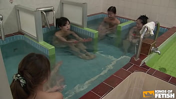 Japanese babes take a shower and get fingered by a pervert guy